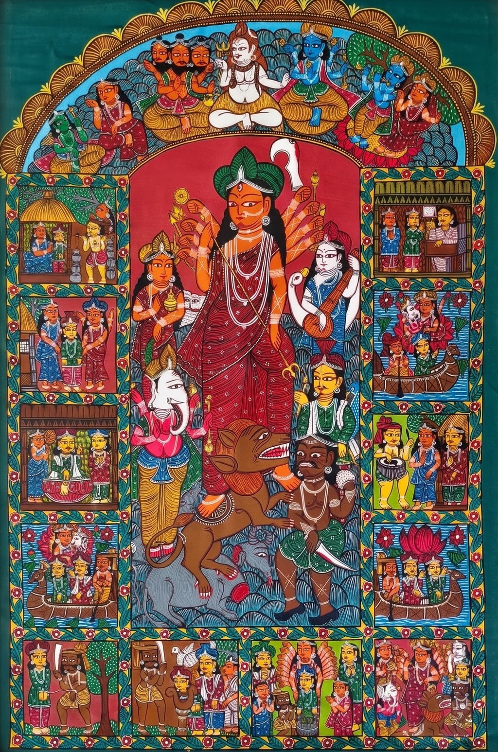Maa Durga's Family in Bengal Pattachitra by Anwar Chitrakar Thumbnail