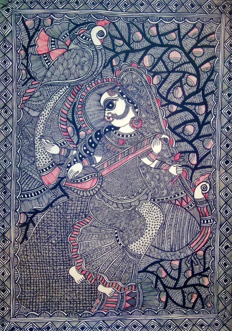 Maa Saraswati in Madhubani painting by Pratima Bharti Thumbnail