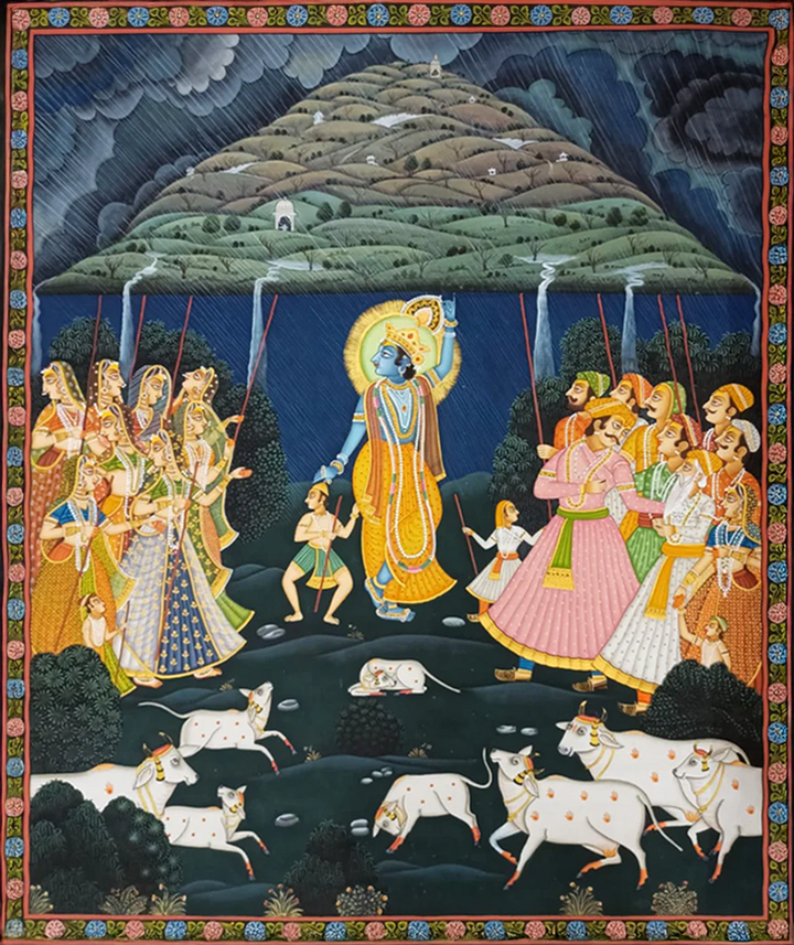 Might of Lord Krishna: Lifting of Mount Govardhan in Pichwai by Sushil Soni Thumbnail