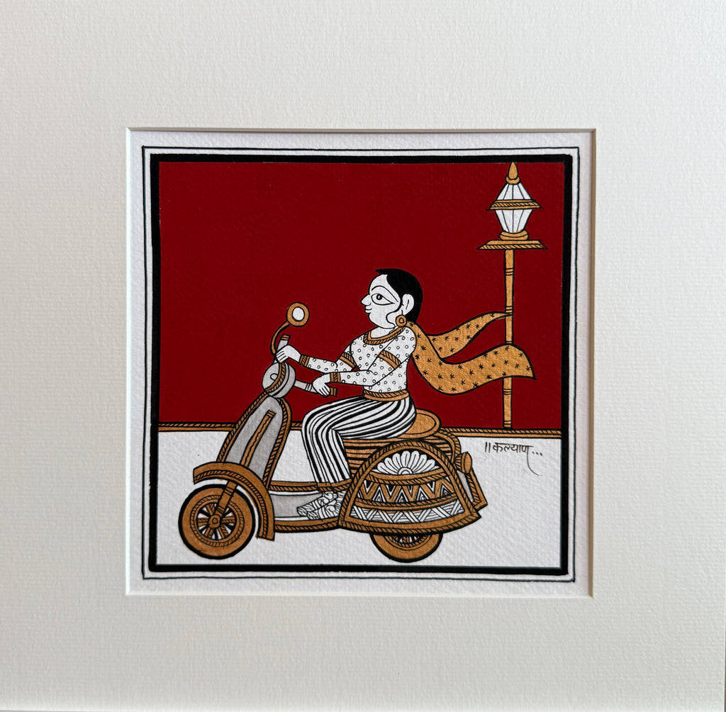 Buy Modern Journey: Women Riding a Scooter in Phad Painting by Kalyan Joshi