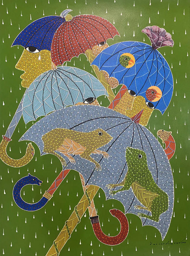 Caught in Rain: A Monsoon Gond Painting by Venkat Shyam Thumbnail