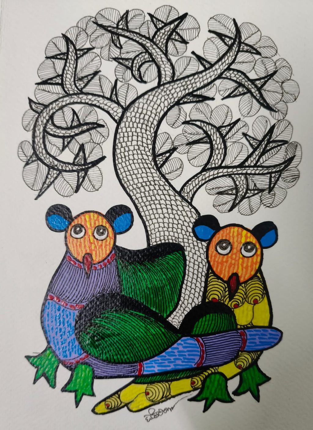 Pair of Owls under the tree in Gond by Choti Tekam Thumbnail