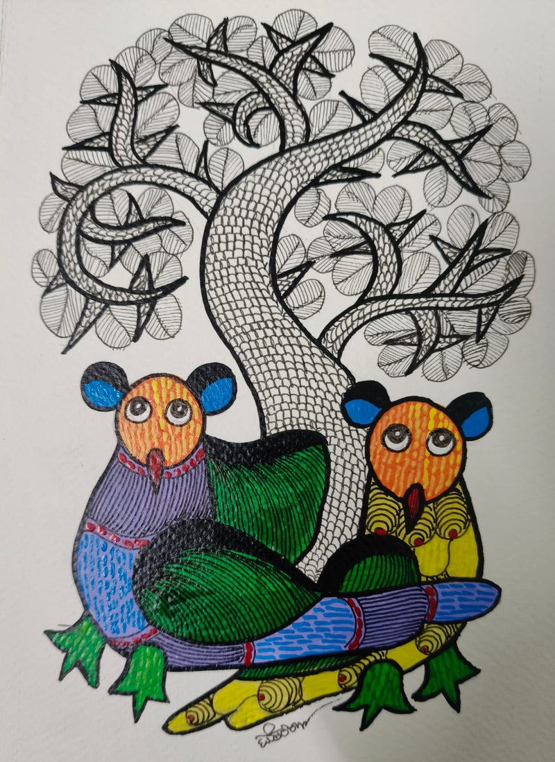 Buy Pair of Owls under the tree in Gond by Choti Tekam
