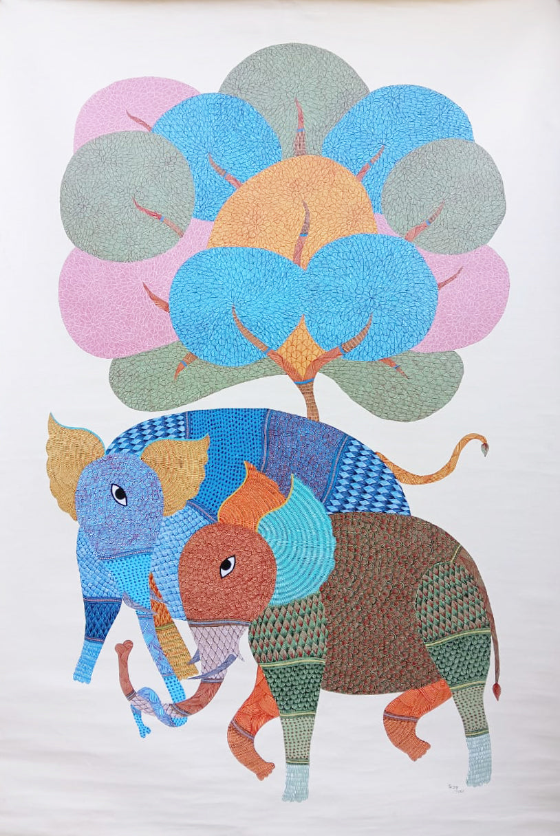 Pair of elephants under Tree of life in Gond by Kailash Pradhan Thumbnail