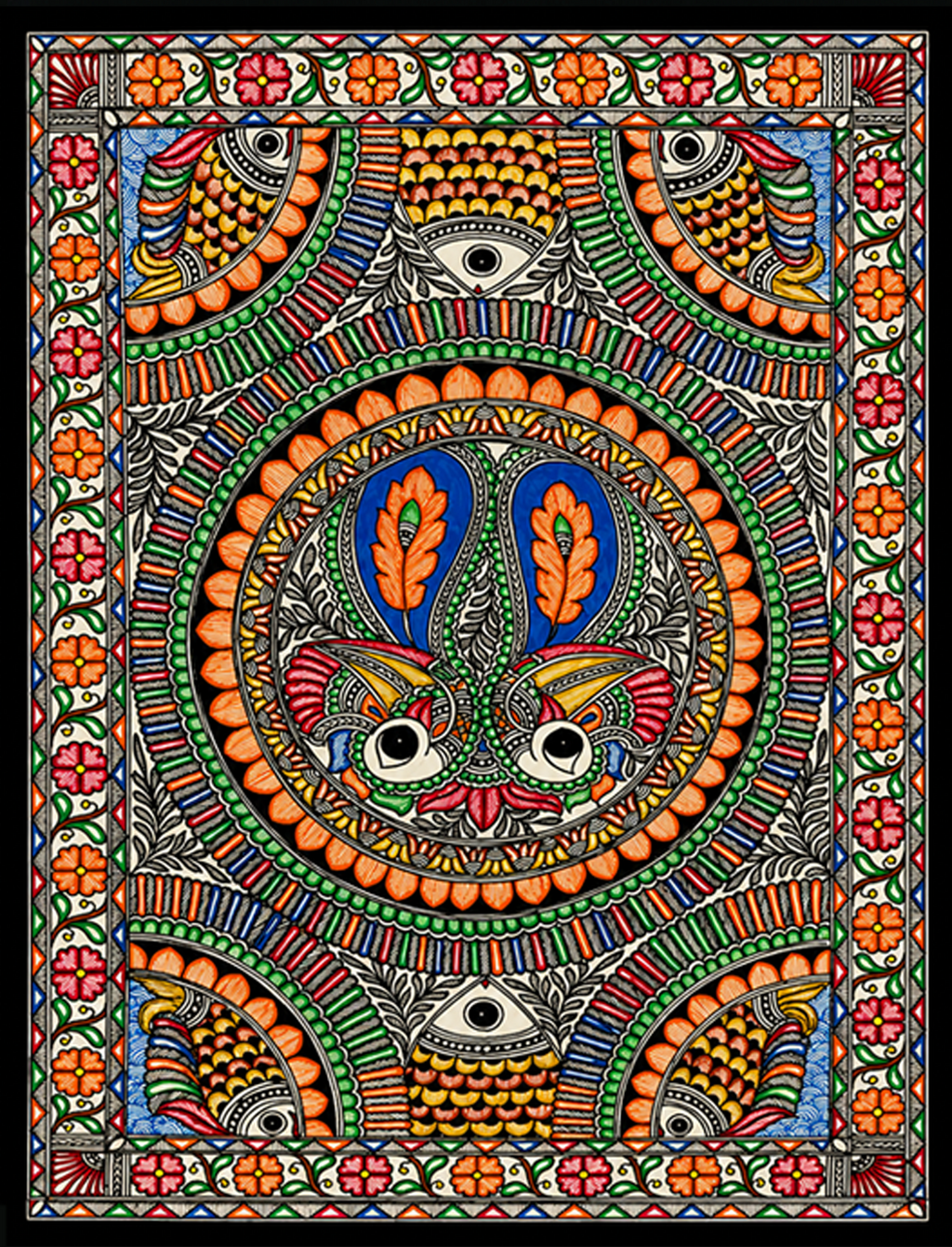 Peacock and Fish in Madhubani by Pratima Bharti Thumbnail