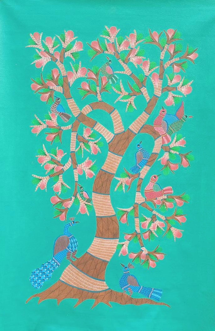 Peacock and Tree in Gond by Kailash Pradhan Thumbnail