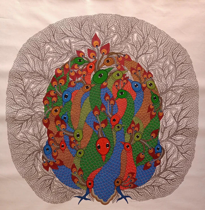 Peacocks Gond Painting by Rajendra Shyam Thumbnail
