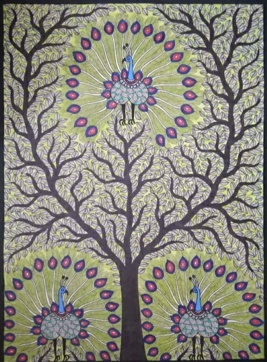 Peacocks' Melody in Madhubani painting by Pratima Bharti Thumbnail