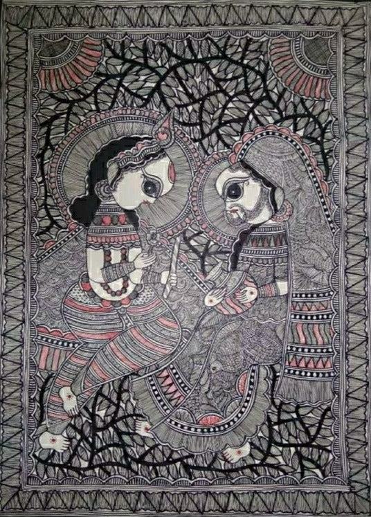 Radha Krishna in Madhubani painting in Pratima Bharti Thumbnail
