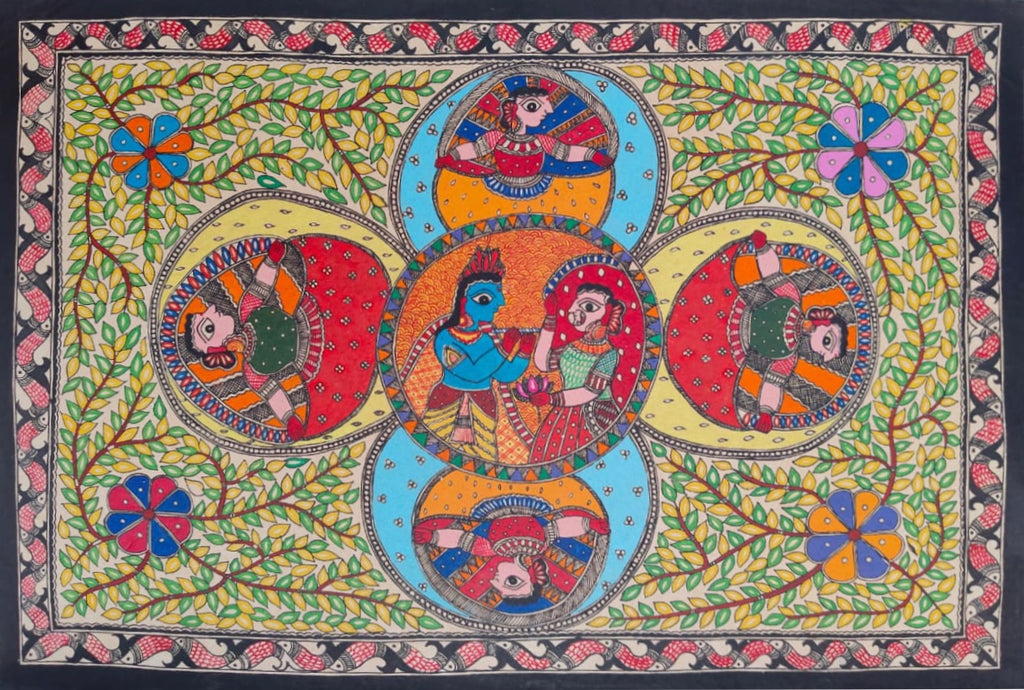 Radha Krishna with gopis in Madhubani by Ambika Devi Thumbnail