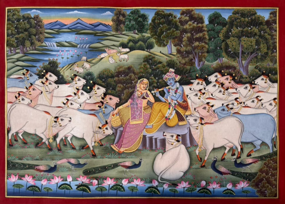 Radha and Krishna in a Pastoral Vrindavan in Pichwai by Naveen Soni Thumbnail