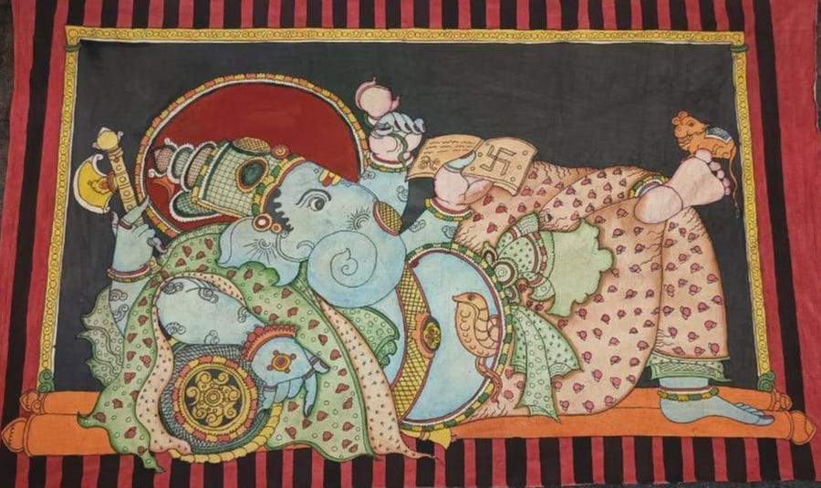 Buy Reclining Ganesha in Kalamkari by Kanukurthi Guna Sekhar Sai