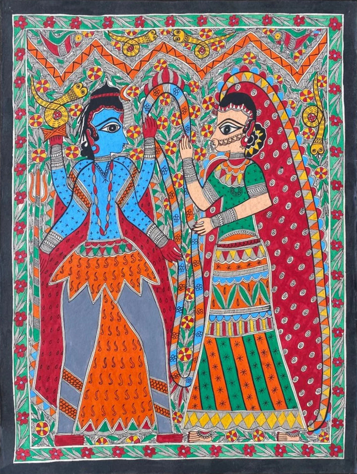 The Wedding of Shiva-Parvati in Madhubani Painting by Pratima Bharti Thumbnail