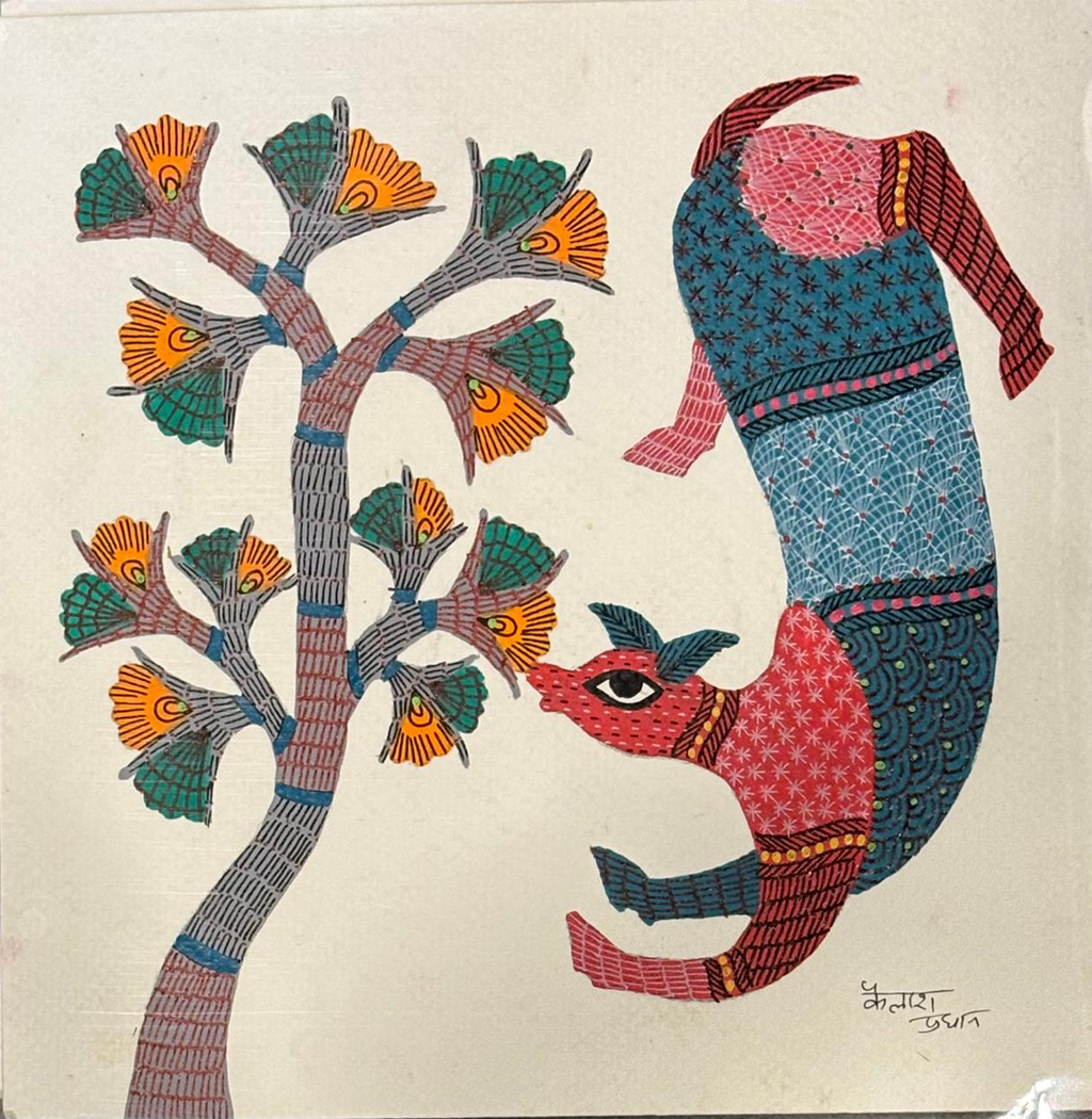 Sacred cow with tree of life in Gond by Kailash Pradhan Thumbnail