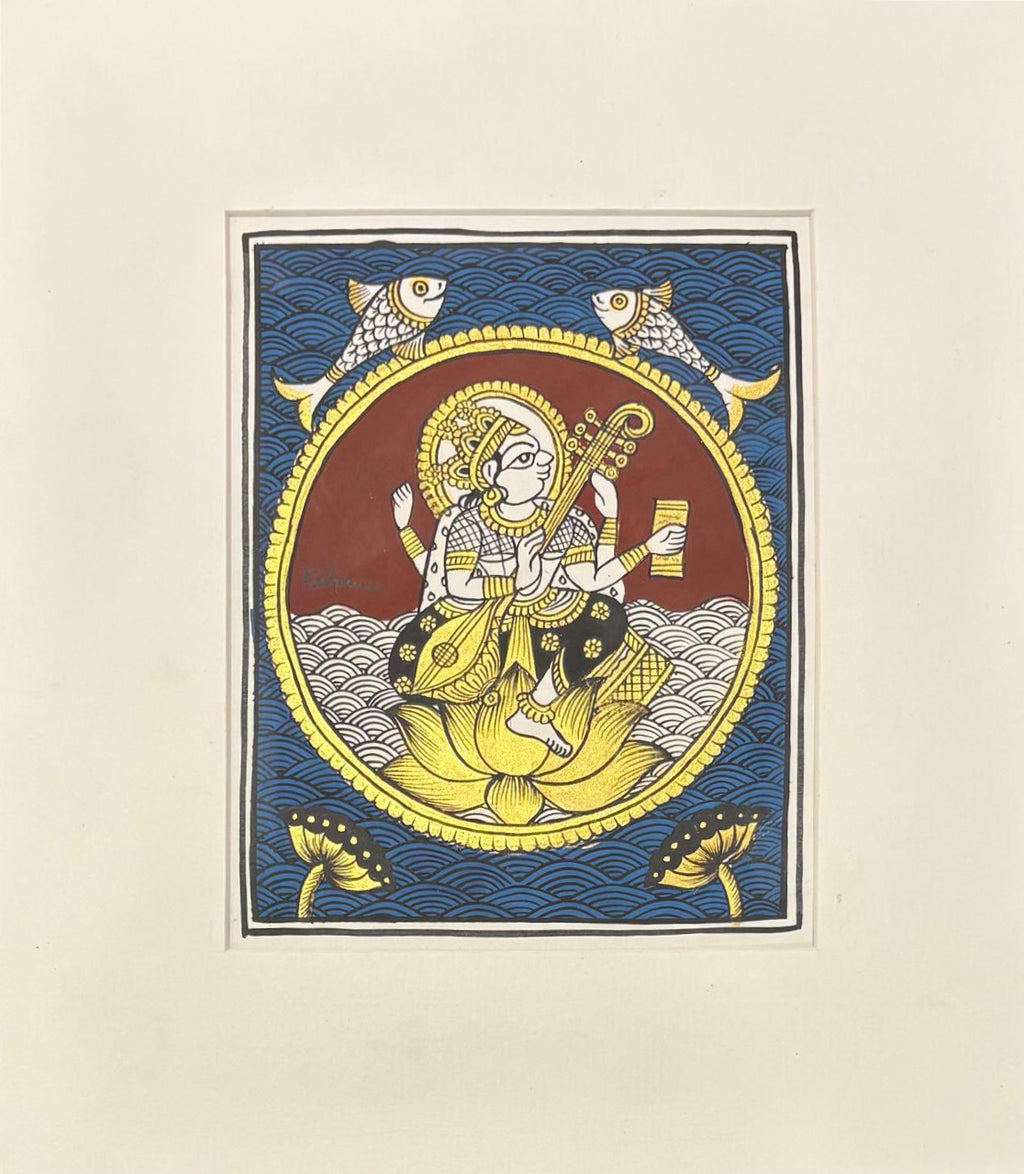 Saraswati in a blooming lotus bud in Phad by Kalyan Joshi Thumbnail