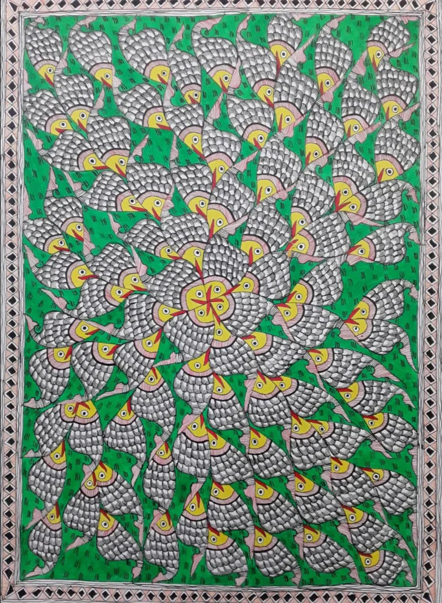 School of fish in Madhubani painting by Pratima Bharti Thumbnail