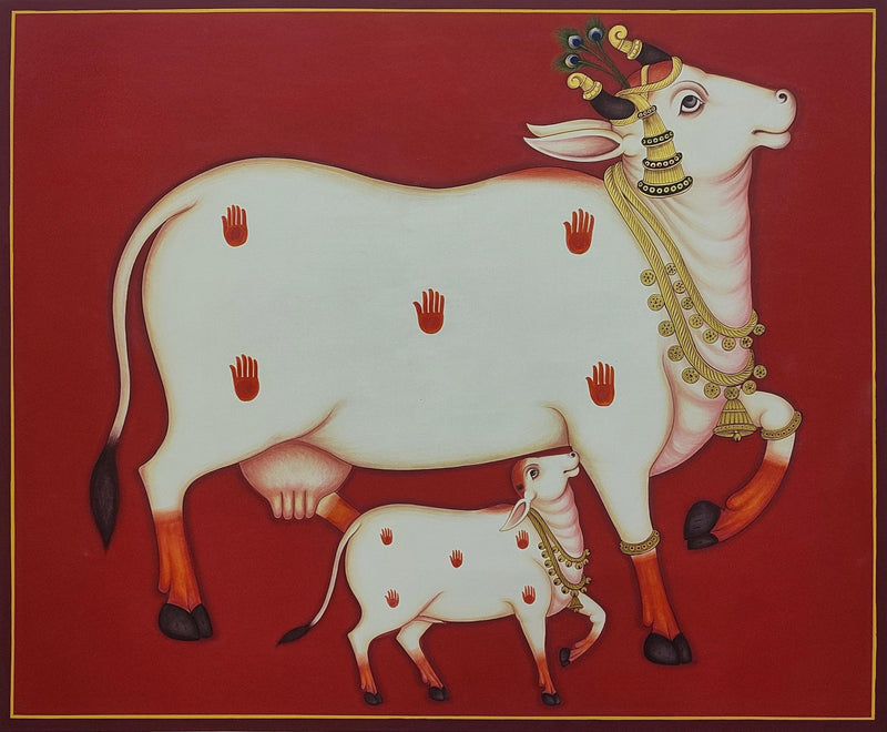 Buy Selfless Love: Kamdhenu and Calf in Pichwai by Dinesh Soni