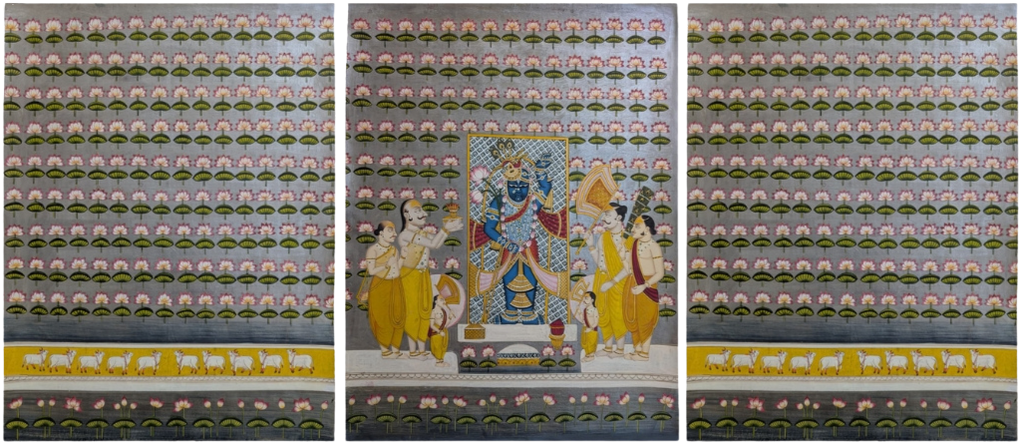 Seva of Lord Shrinathji: Set of 3 Pichwai Paintings by Suresh Kumar Kumawat Thumbnail