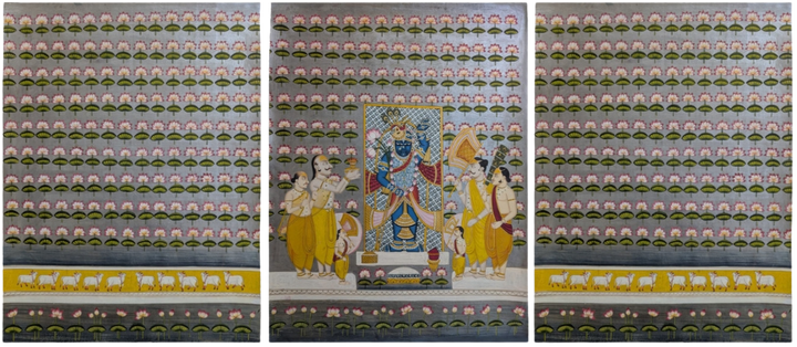 Seva of Lord Shrinathji: Set of 3 Pichwai Paintings by Suresh Kumar Kumawat Thumbnail