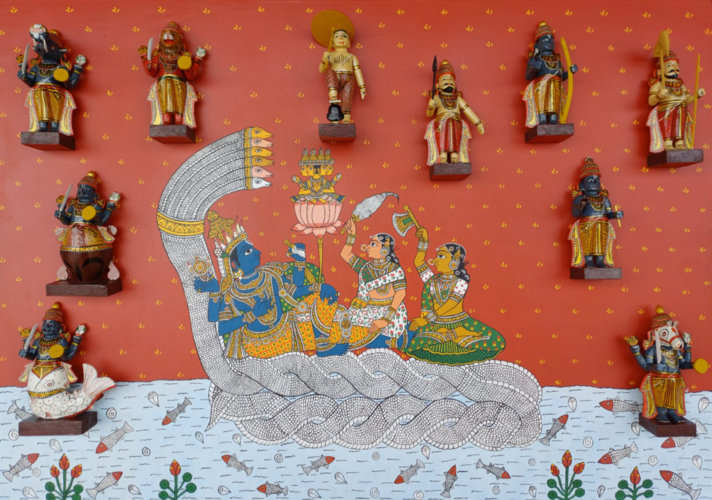 Sheshashayi Vishnu and his Dashavataras in Cheriyal Scroll Painting and Kondapally Art by Sravan Kumar Thumbnail