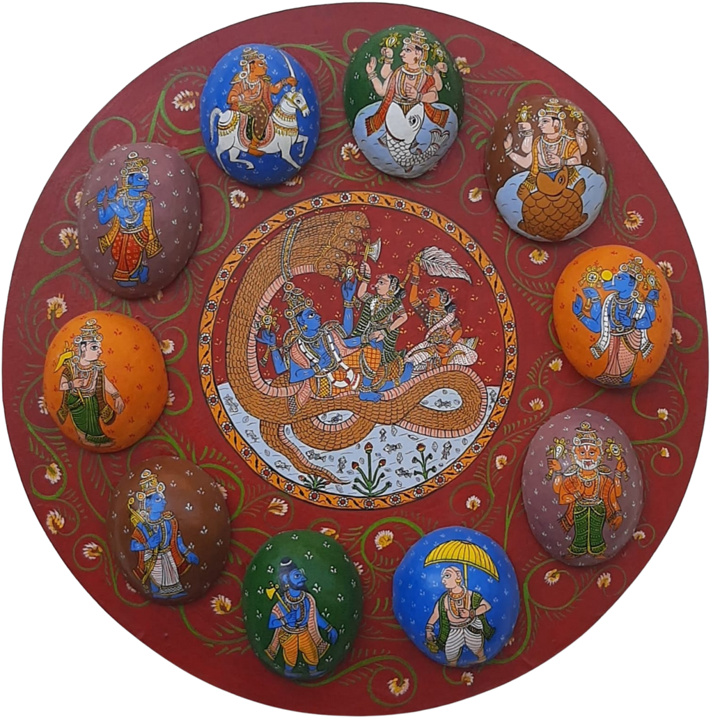 Sheshashayi Vishnu surrounded by his Dashavataras in Cheriyal Scroll Painting by Sravan Kumar Thumbnail