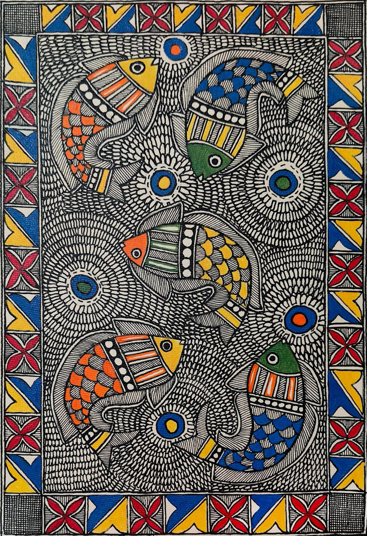 Swirling Fishes in Madhubani by Ambika Devi Thumbnail