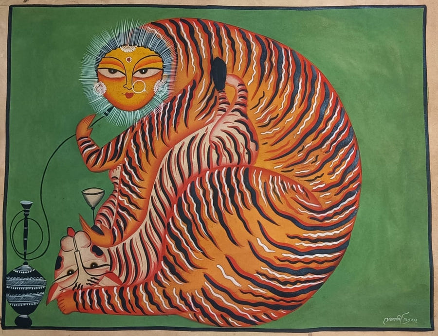 Buy The Anthropomorphic Tiger with Hookah in Kalighat Painting by Sonali Chitrakar