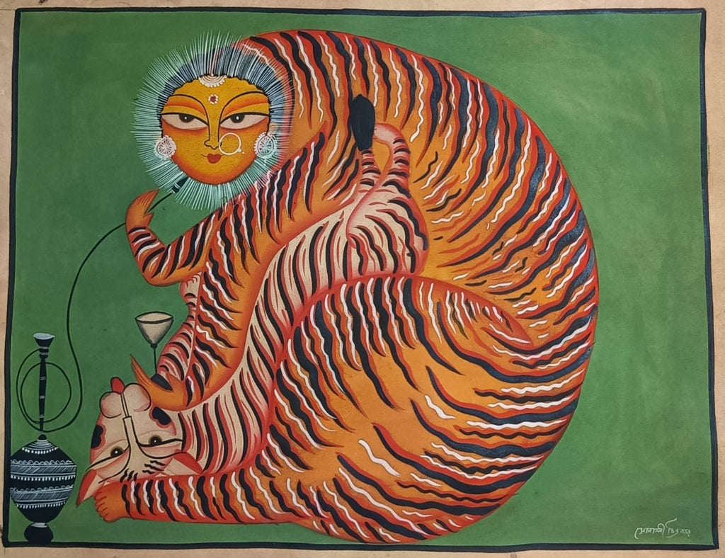 The Anthropomorphic Tiger with Hookah in Kalighat Painting by Sonali Chitrakar Thumbnail