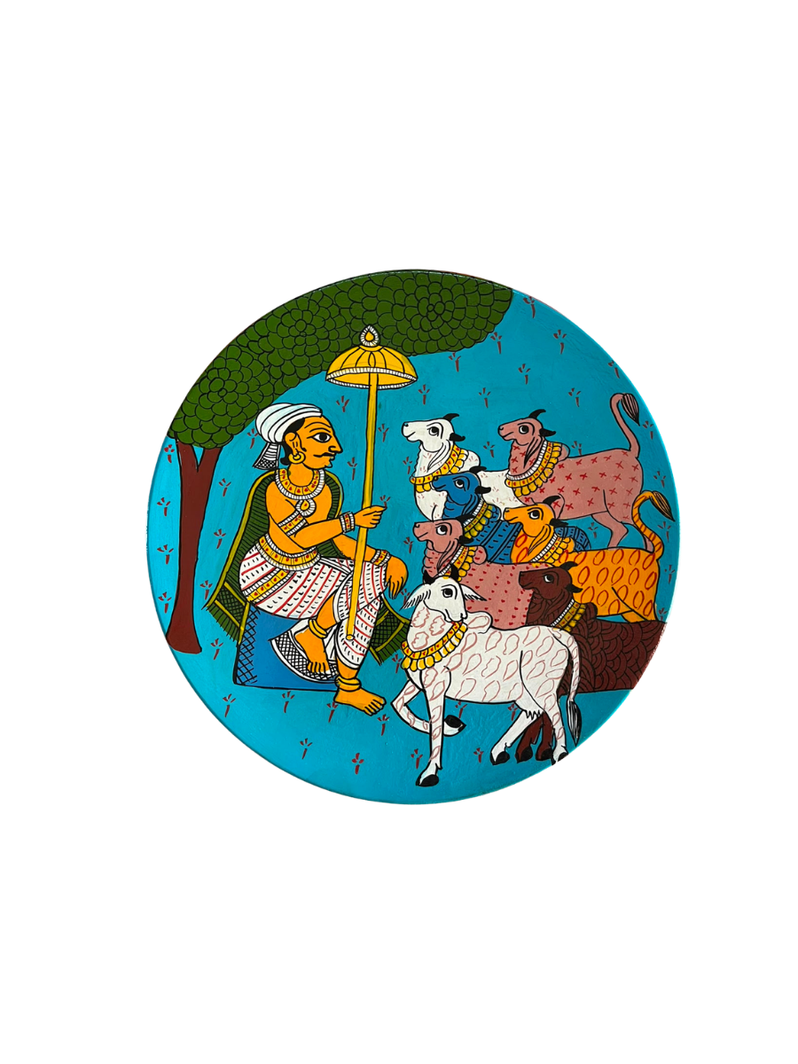 The Cowherd and his Cattle in Cheriyal Scroll Wall Plate by Dhanalakota Rakesh Thumbnail