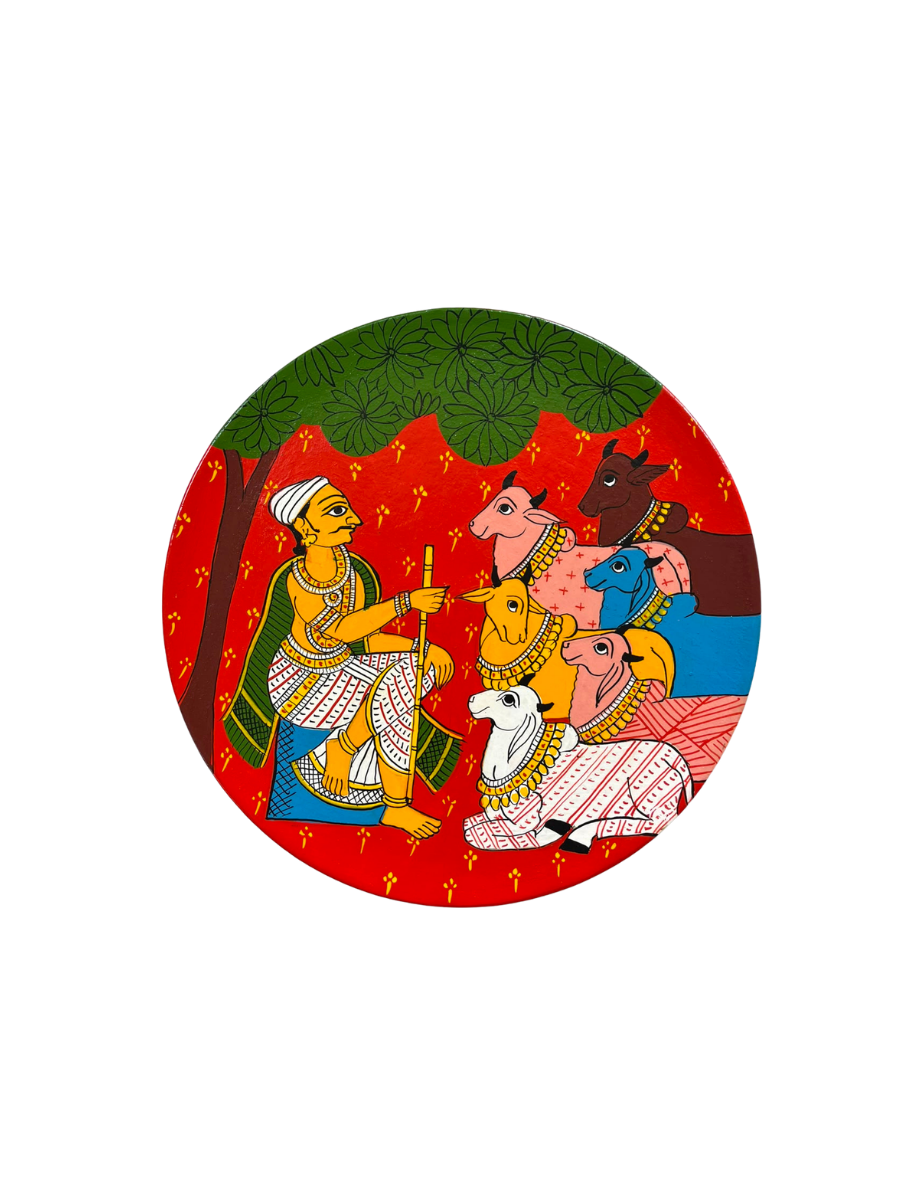 The Cowherd and his Cattle in Cheriyal Scroll Wall Plate by Dhanalakota Rakesh Thumbnail