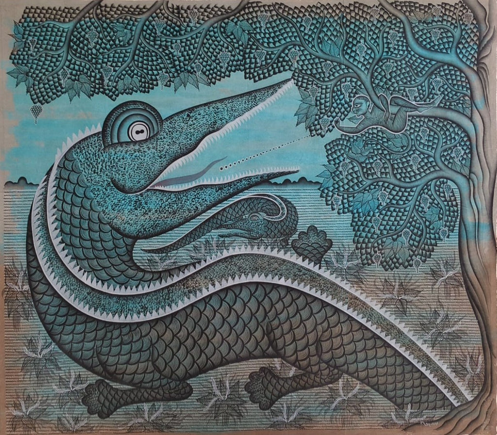 The Crocodile and the Monkey in Kalighat by Anwar Chitrakar Thumbnail