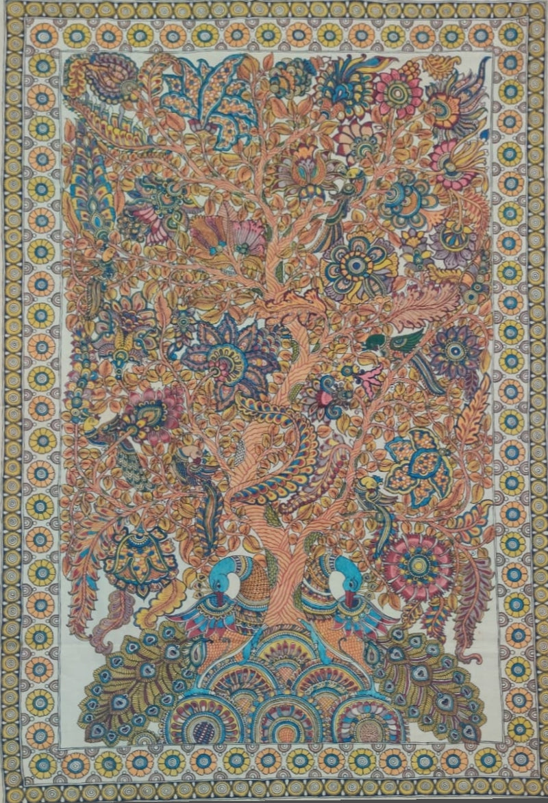 Buy The Dance of Nature: Tree of life with Peacocks and Parrots in Kalamkari by Harinath N