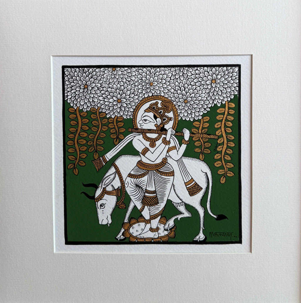 Buy The Divine Cowherd: Lord Krishna with Sacred Cow in Phad Painting by Kalyan Joshi