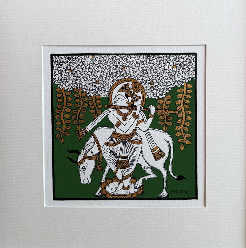 Buy The Divine Cowherd: Lord Krishna with Sacred Cow in Phad Painting by Kalyan Joshi