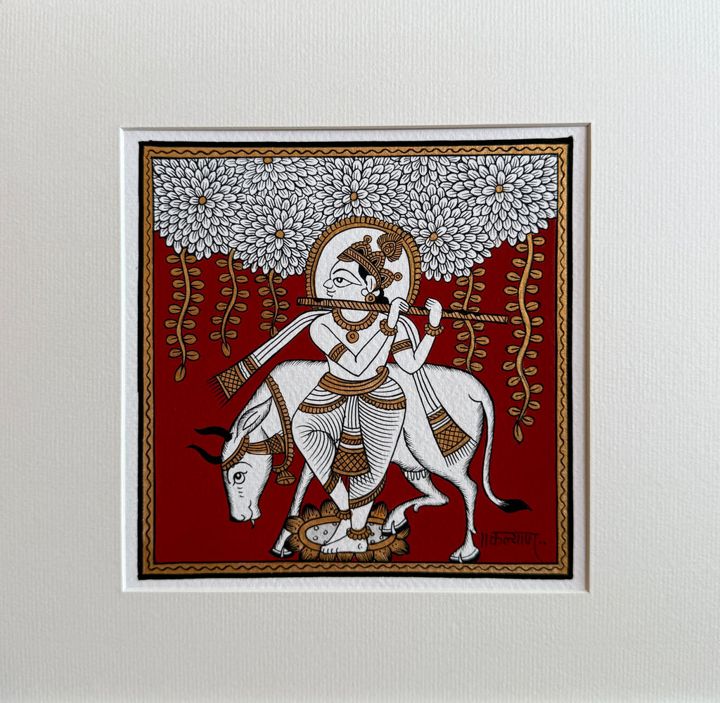 Buy The Divine Flautist: Lord Krishna and the Sacred Cow in Phad Painting by Kalyan Joshi