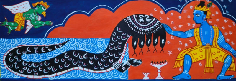 Buy The Divine Leela of Lord Krishna: Kaliya Mardan in Manuscript Painting by Sujit Das