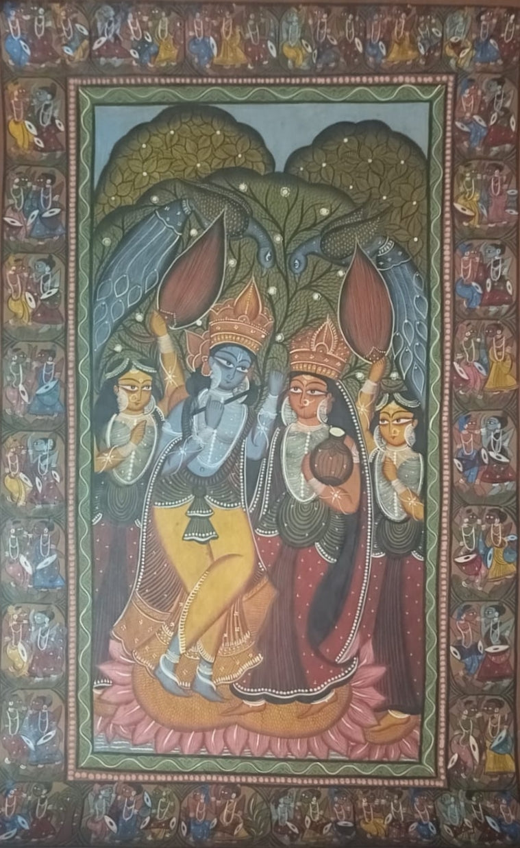 Buy The Divine Union: Radha and Lord Krishna with Gopis in Kalighat and Pattachitra Art by Sonali Chitrakar