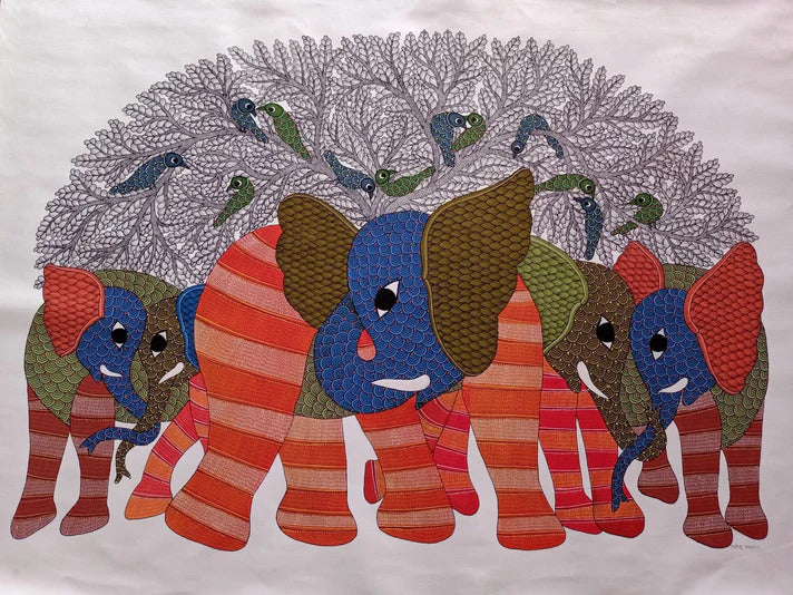 The Elephants Gond Painting by Rajendra Shyam Thumbnail