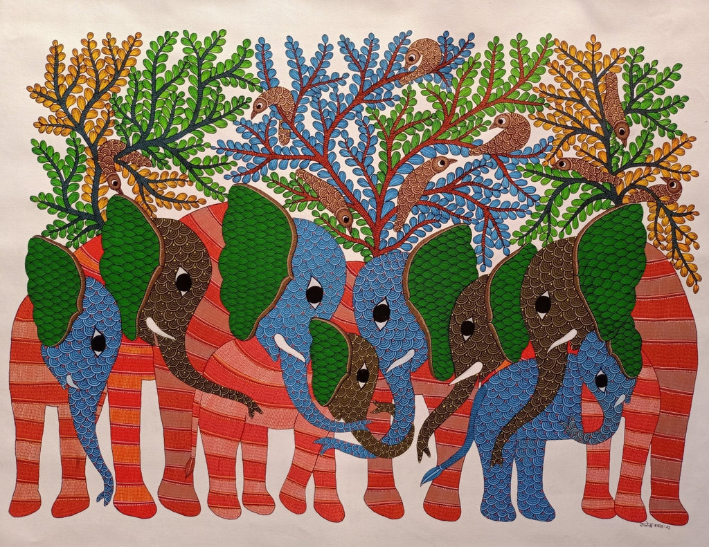 The Elephants Gond Painting by Rajendra Shyam Thumbnail