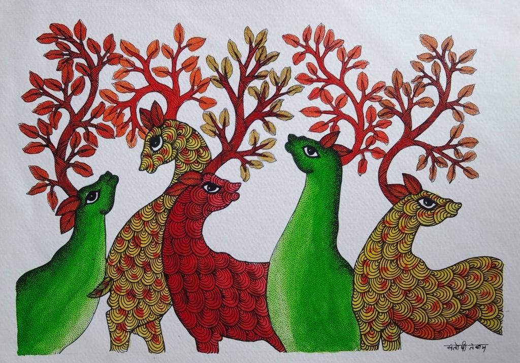 The Golden and Emerald Stags in Gond by Manoj Tekam Thumbnail