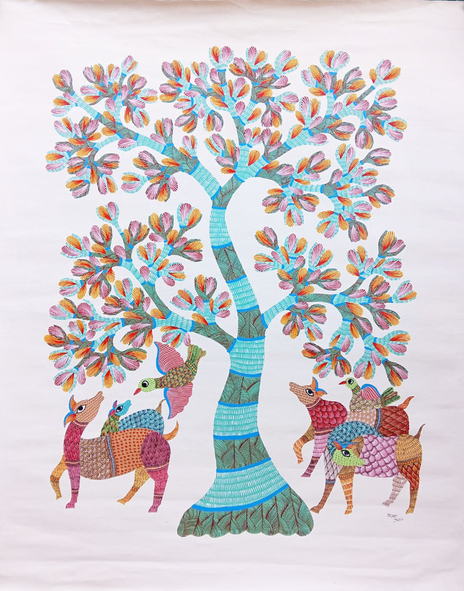 The Interconnected Forest: Tree of Life with animals in Gond by Kailash Pradhan Thumbnail