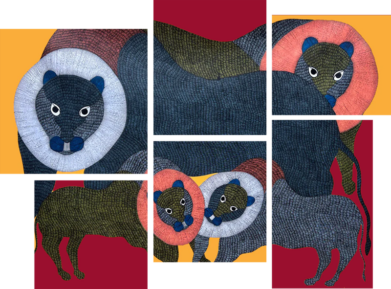 Buy The Lion's Pride: Majestic Cats in Gond by Gareeba Tekam