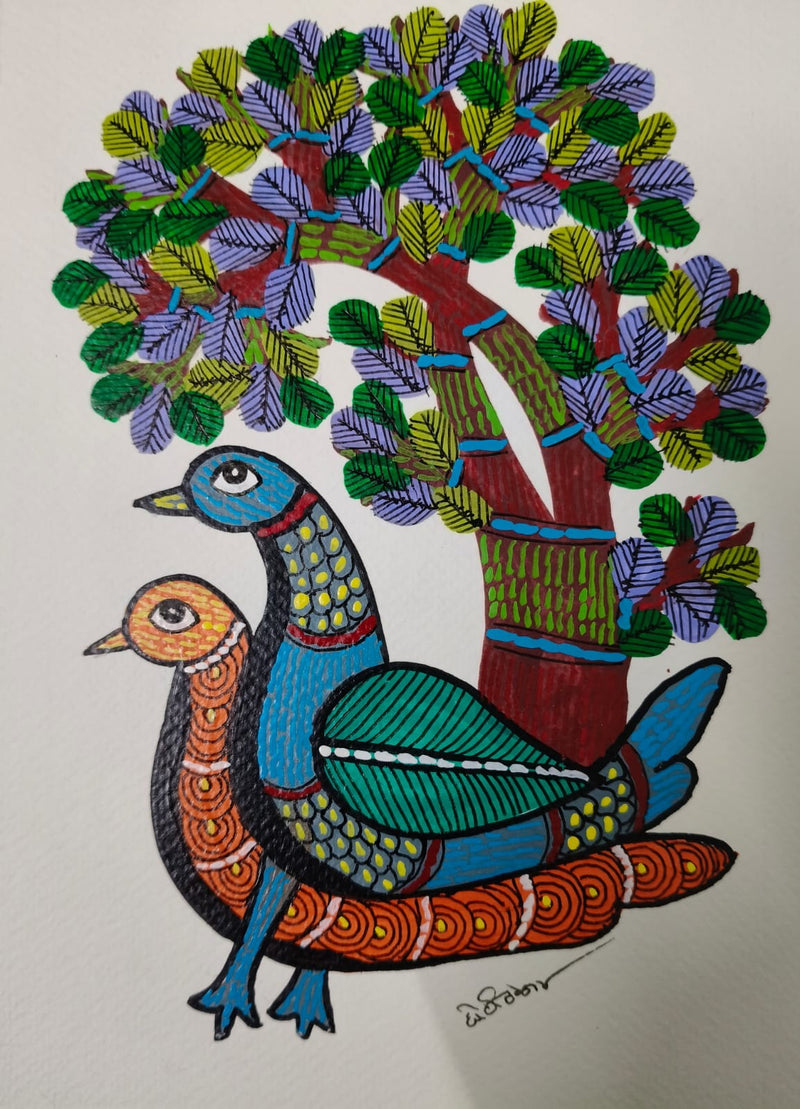 Buy The Nature's Abode: Pair of Birds under the Canopy in Gond by Choti Tekam