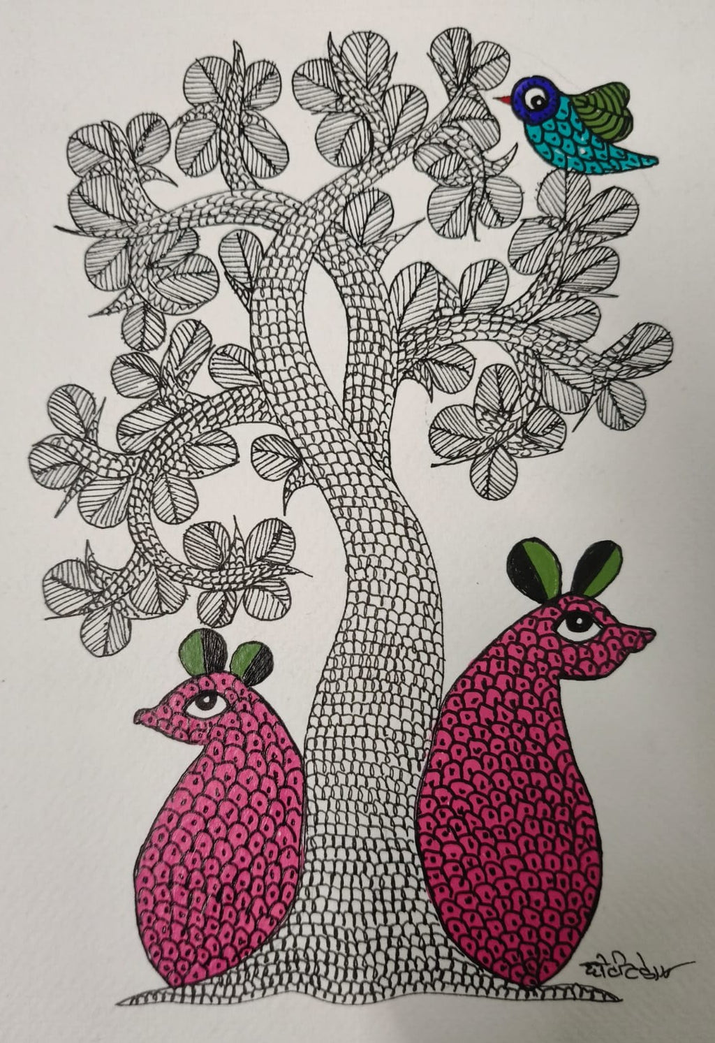 The Nature's Companion: Tree, Mouse and Bird in Gond by Choti Tekam Thumbnail