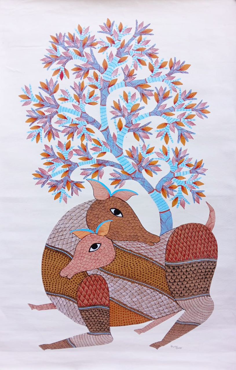 The Nurturing Shade: Deer and Fawn under tree of life in Gond by Kailash Pradhan Thumbnail