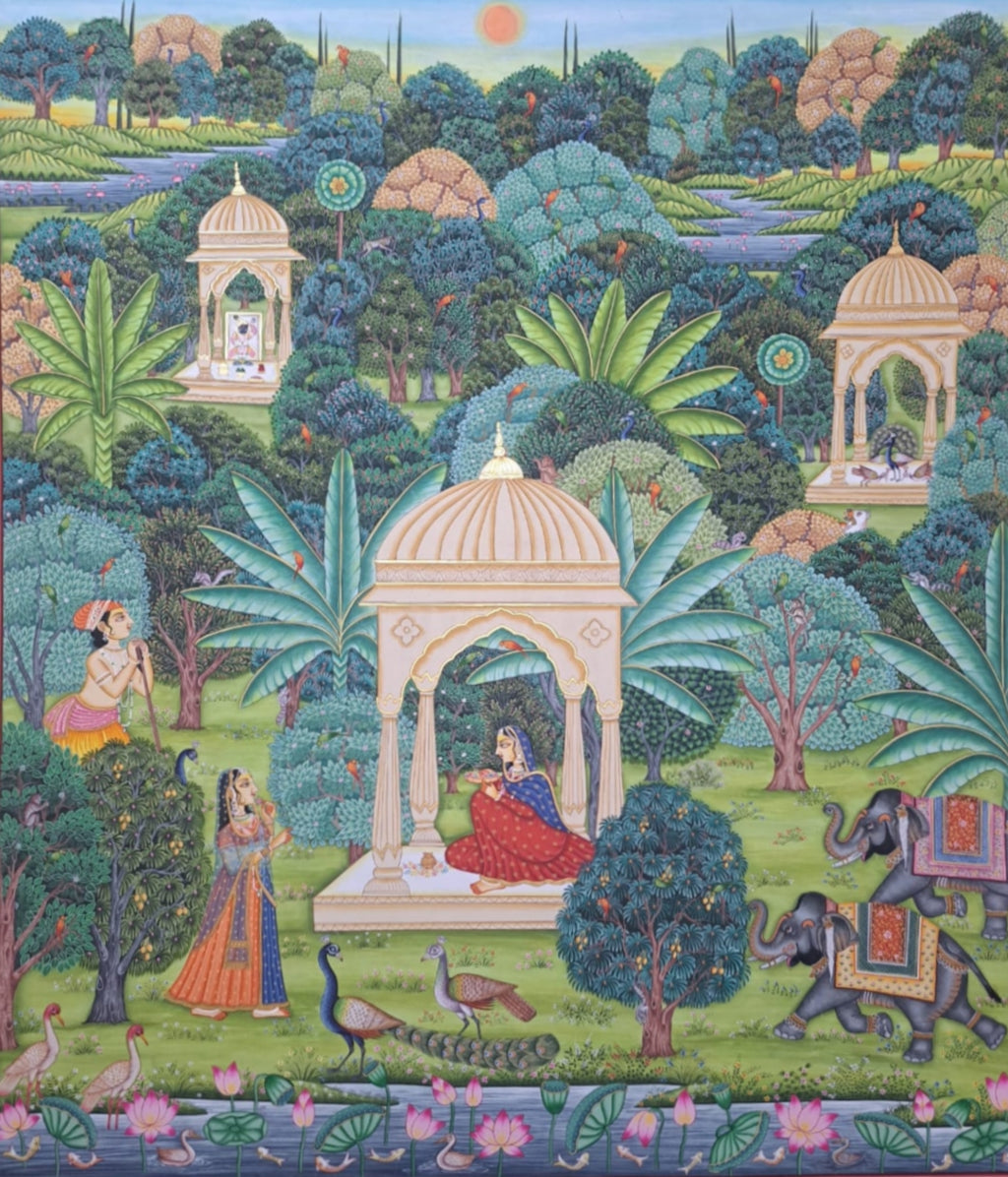 The Royal Grove: Gopas, Gopis with Enchanting Flora and Flora in Pichwai by Shehzaad Ali Sherani Thumbnail
