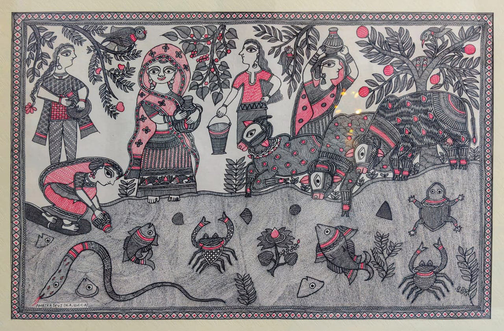 The Sacred Ghat: Life at the Water’s Edge in Madhubani by Ambika Devi Thumbnail