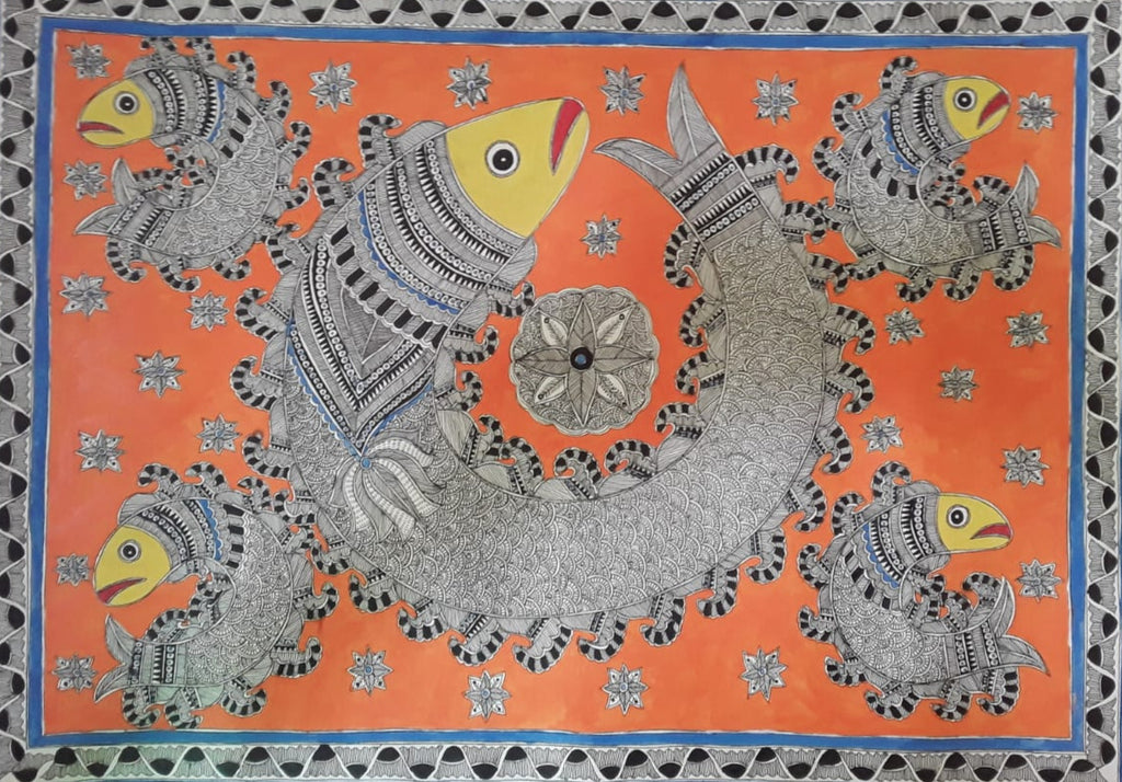 The School of Fish in Madhubani painting by Pratima Bharti Thumbnail