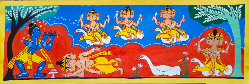 The Story of Multiple Brahmas: Lord Brahma worshipping Lord Krishna as the Supreme God in Manuscript Painting by Sujit Das Thumbnail