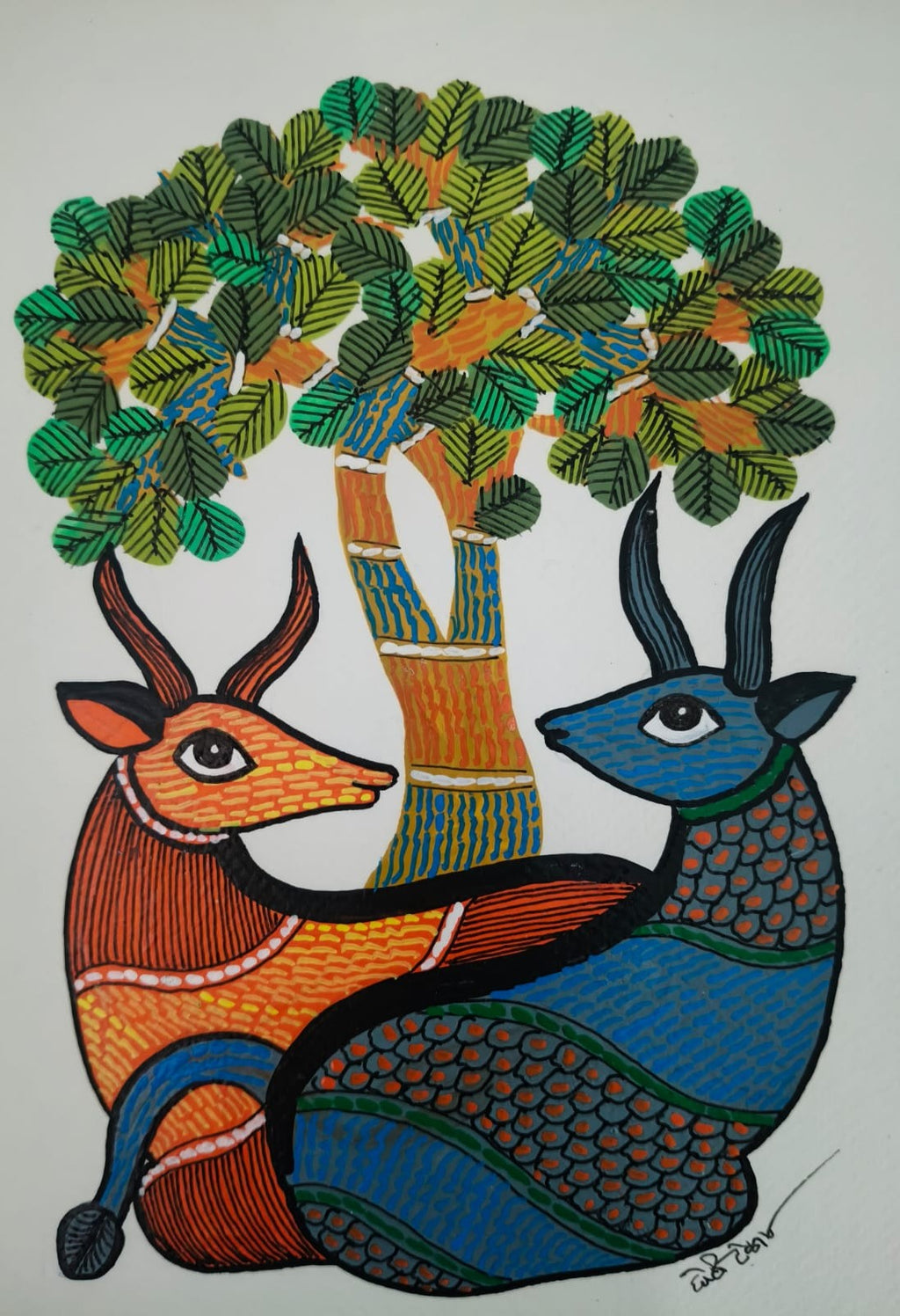 The Tree's Shade: A Pair of Deer in in Gond by Choti Tekam Thumbnail
